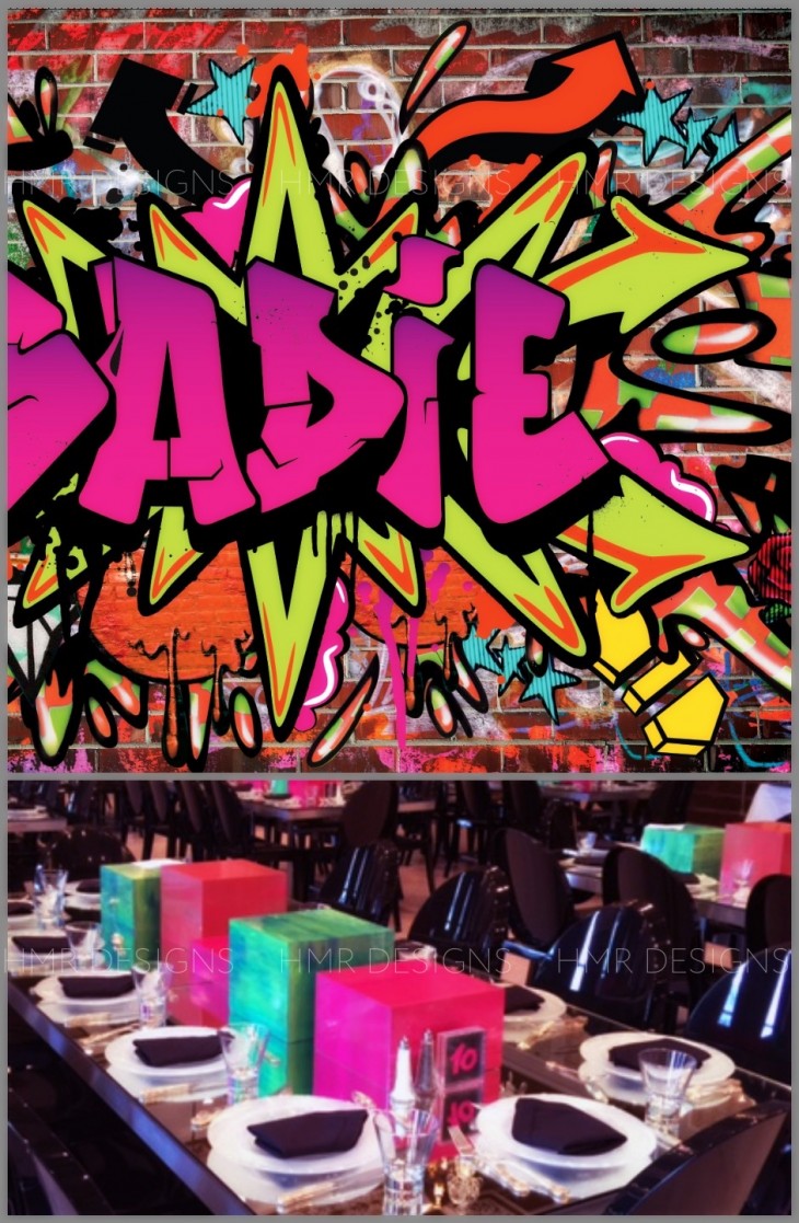 Bill paired street-art inspired backdrops with smeared paint patterned centerpiece cubes for this expressive soiree. 
